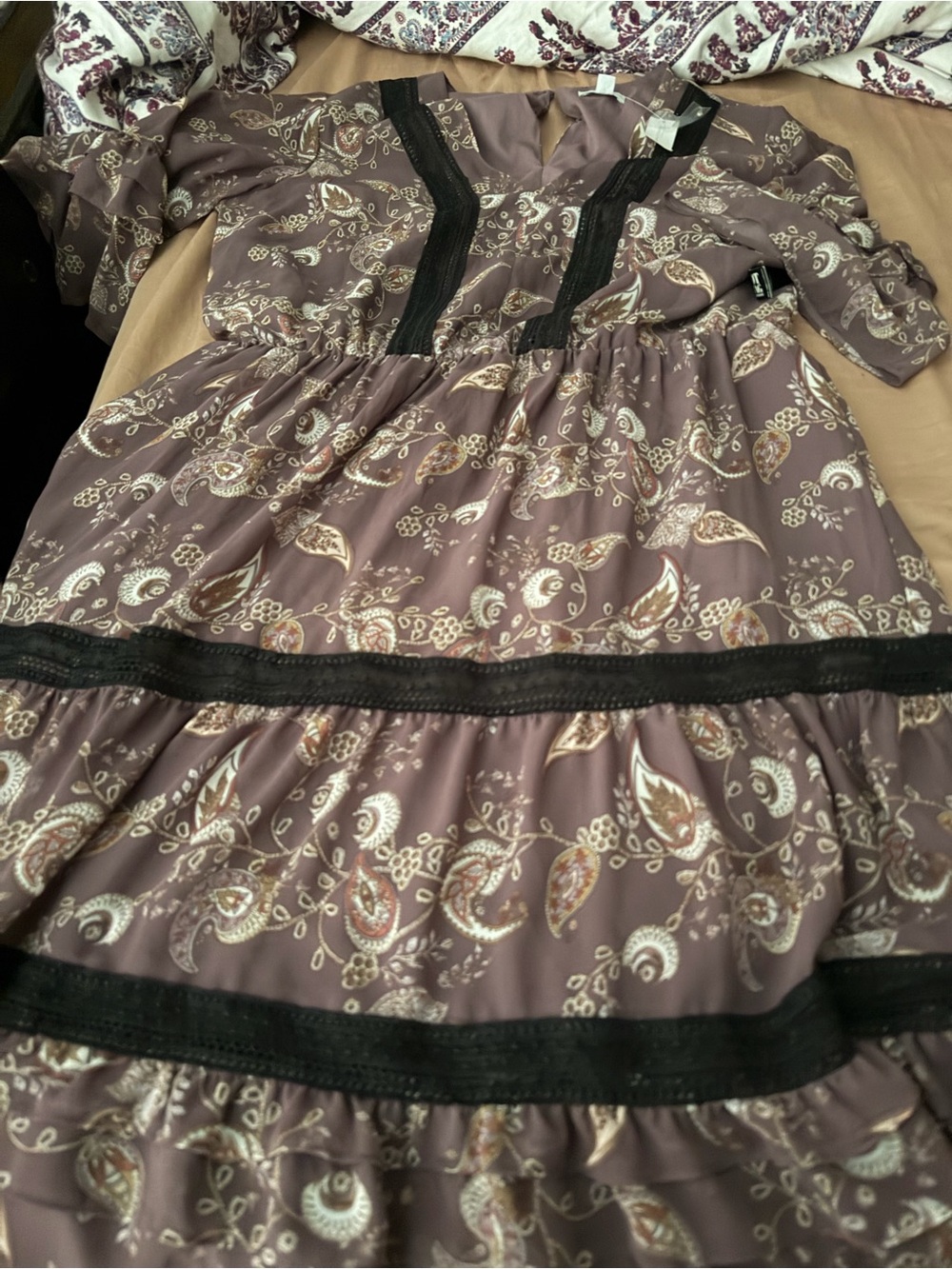 New York & Company Mauve Paisley Midi Dress with Black Lace Accents